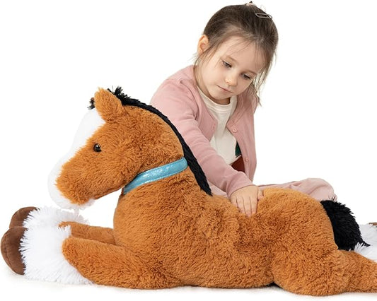 MaoGoLan Large Horse Plush Stuffed Animal, Big Horse Plush Toy, Stuffed Foal Toy, Ridable Pony Plush Pillow for Kids Girls 33 inches Tan