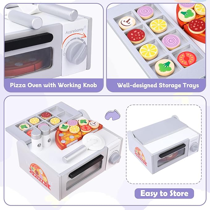 Wooden Pizza Toy for Kids, Toddlers Pizza Counter Playset, Pretend Play Food Set Kitchen Accessories with Bake Oven, Gifts for 3 4 5 6 Years Old Boys Girls