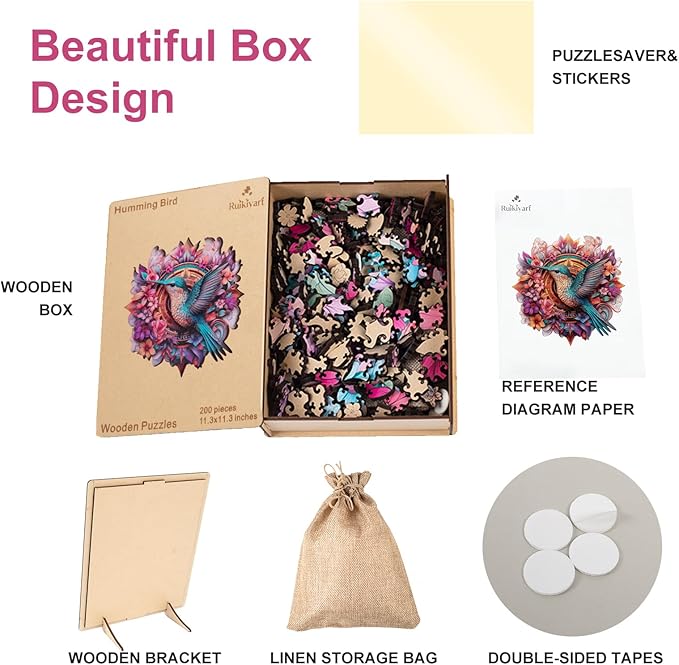 Hummingbird 200 Pieces Wooden Jigsaw Puzzles for Adults with Unique Irregular Shape Fun Challenging Bird Puzzles for Kids and Couples on Birthday,Children’s Day,Christmas 11.3"x 11.3"