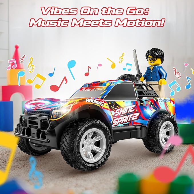 DEERC Remote Control Car for Boys & Girls Ages 4-8, Spray RC Truck with Music & Colorful LED Lights, 2.4GHz All-Terrain Drift Vehicle, 2 Rechargeable Batteries, 40 Mins Playtime, Birthday Toy for Kids