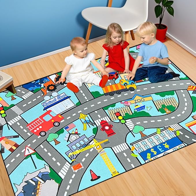 Car Track Rug - Car Rugs for Kids Toy Cars City Life Car Road Rug Large Kids Play Mat Car Carpet for Boys Girls Playroom Living Room Bedroom Classroom, 5'×7'