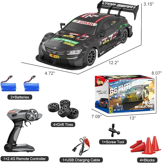 Dollox RC Drift Car 1/16 Scale Remote Control Car 2.4GHz 4WD 30+KM/H High Speed Vehicle with LED Lights, Extra Drifting Tires Racing Vehicle Toys Birthday Gifts for Boys Adults, 2 Batteries, Black