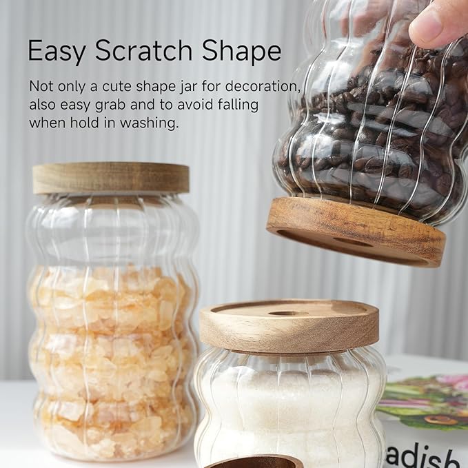 Glass Jars with Lids 27 Oz Cookies Jar Cute Candy Jar Canisters for Nuts Sugar Coffee Storage Jar Sets Large Storage Jars with Wood Lids for Pantry Kitchen Glass Food Jars for Spice (3 Pcs)