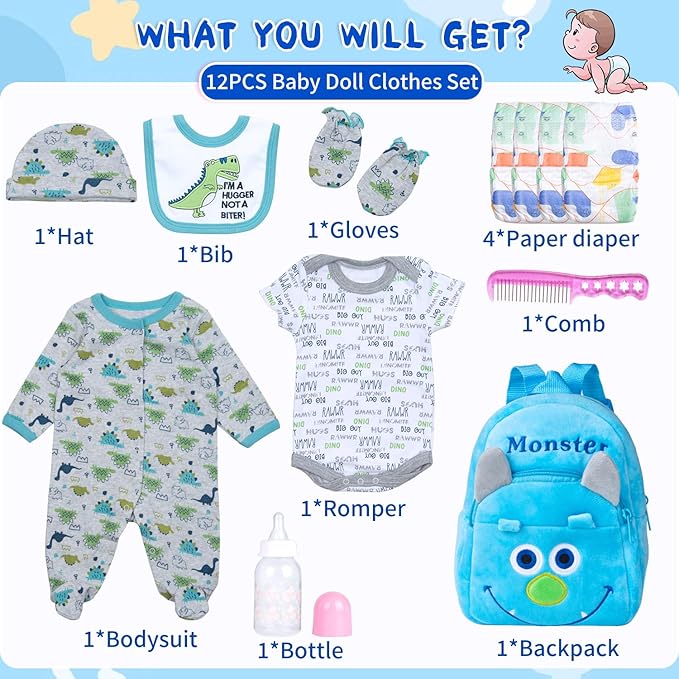 PEDOLLTREE 12 Pcs Set Reborn Baby Dolls Clothes Outfit Accessories Blue Dinosaur Set for 17-22 Inch Reborn Doll Newborn Boy with Monster Backpack Diaper