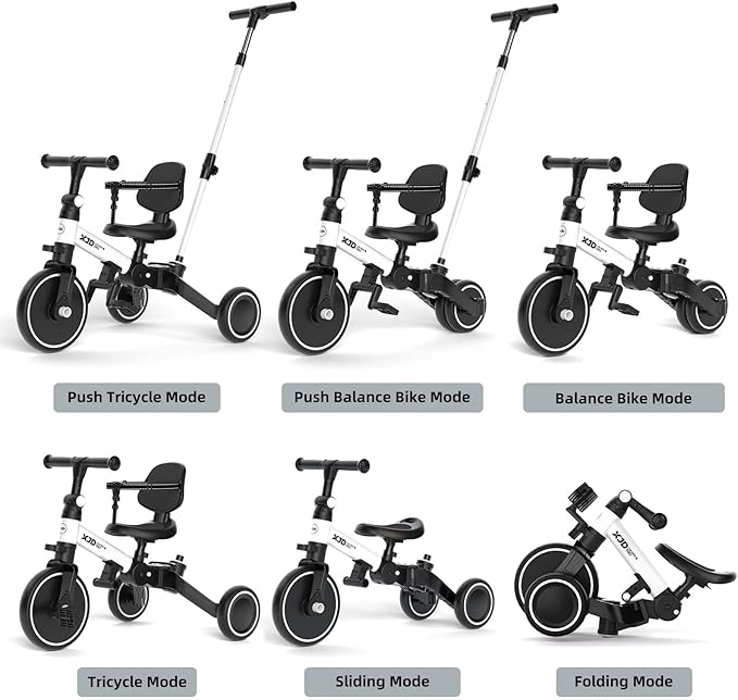 XJD Toddler Bike, 6 in 1 Folding Toddler Tricycle for 1-4 Year Old with Push Handle, Balance Bike with Removable Pedal,Backrest, Adjustable Seat Height and Handle, First Birthday Gifts (White)