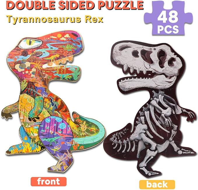 HAS Floor Puzzles for Ages Kids 4-10, 48 PCS Double-Sided Dinosaur Puzzles, Unique Large Pieces Irregular Shape Jigsaw Puzzle for Children(T-Rex)