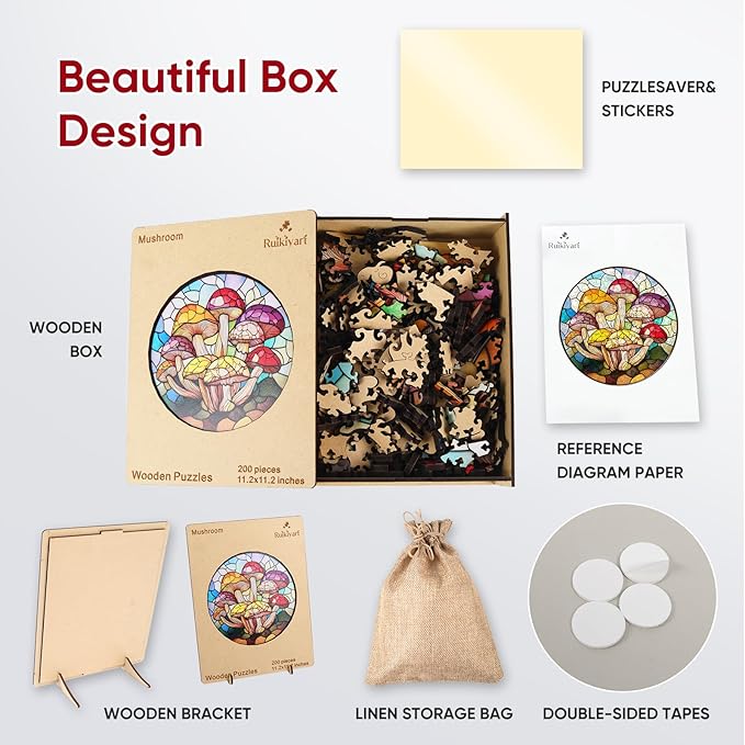 Colorful Mushroom 200 Pieces Wooden Jigsaw Puzzles for Adults with Unique Irregular Shape Family Puzzles for Kids and Adults on Birthday,Father's Day,Christmas 11.2"x11.2"