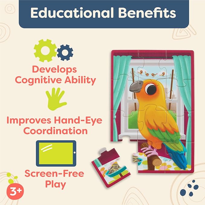 B. toys – Wooden Puzzle Set – 4 Animal Puzzles – Cat, Dog, Bird, Hamster– 12-Piece Jigsaw Puzzles For Kids – 3 Years + – Pack o' Puzzles - Pets