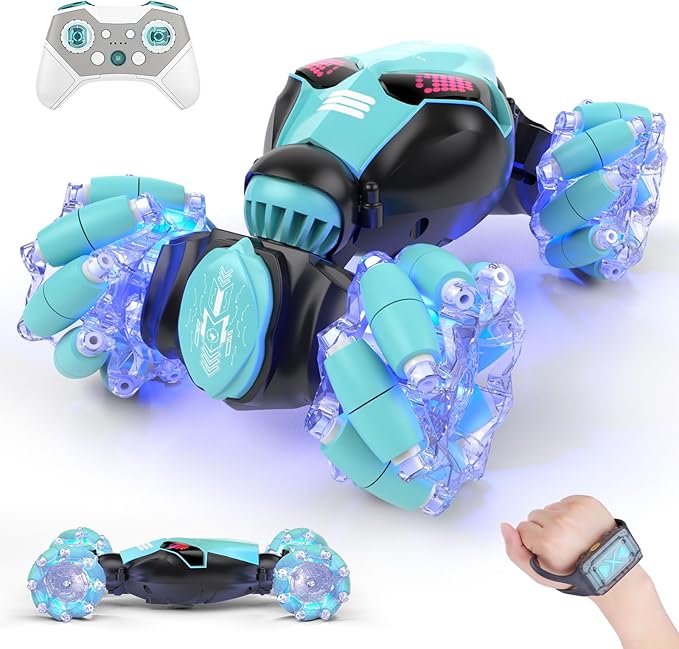 Powerextra LED Gesture RC Car, 4WD Hand Controlled Sensor RC Stunt Car for Age 8+ Year Old Boys & Girls, Double Sided 360° Flips Off Road Remote Control Vehicle Toy with Lights & Music, Sensing Toy