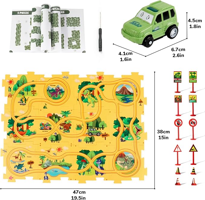 Plastic Dinosaur Puzzles for Kids with A Cute Car, Montessori Toys for 2 3 4 5 6 Year Old Boys, Race Tracks for Kids 3-5, Toddler Puzzle Track Play Set, Gifts for 2 3 4 5 6 Year Old Boys Toys