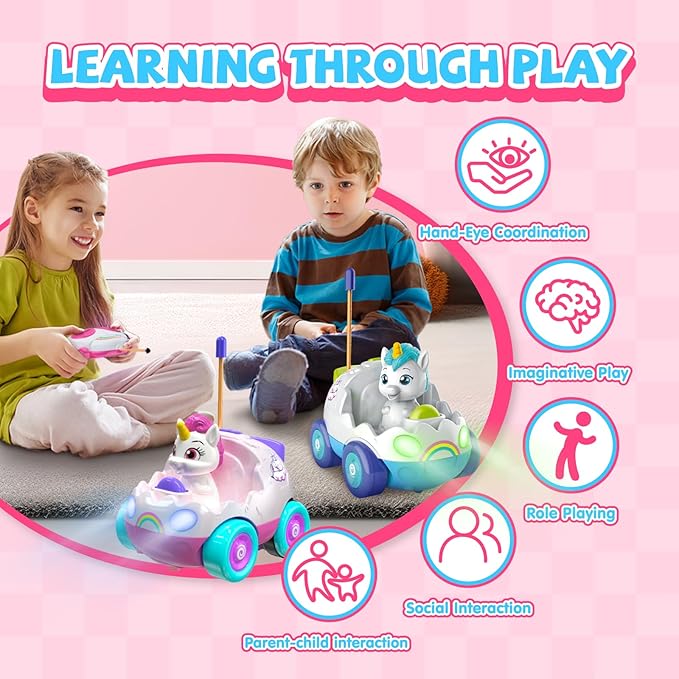 Remote Control Car for Toddlers 1-3,2 Pack Unicorn RC Cars Toys with LED Lights & Music for Toddlers Ages 2-4 Cute Birthday Gifts Toys for Girls 2 3 4 5 Years Old (Unicorn)