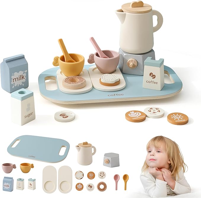 Wooden Tea Set for Little Girls and Boys | 18 PCS Kids Coffee & Tea Set for Toddlers | Pretend Play Toy with Silicone Accessories - Ideal Gift
