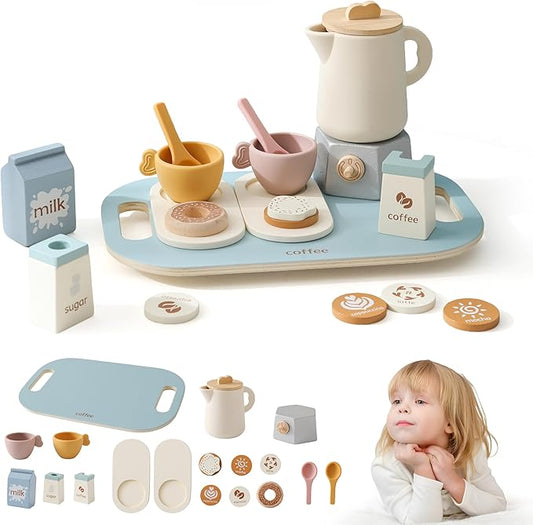 Wooden Tea Set for Little Girls and Boys | 18 PCS Kids Coffee & Tea Set for Toddlers | Pretend Play Toy with Silicone Accessories - Ideal Gift