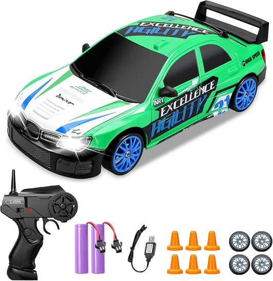 Remote Control Car RC Drift Car 2.4GHz 1:24 Scale 4WD 15KM/H High Speed, Rechargeable High Speed RC Cars with Cool Lights, Two Batteries and Extra Tires Toys for Kids