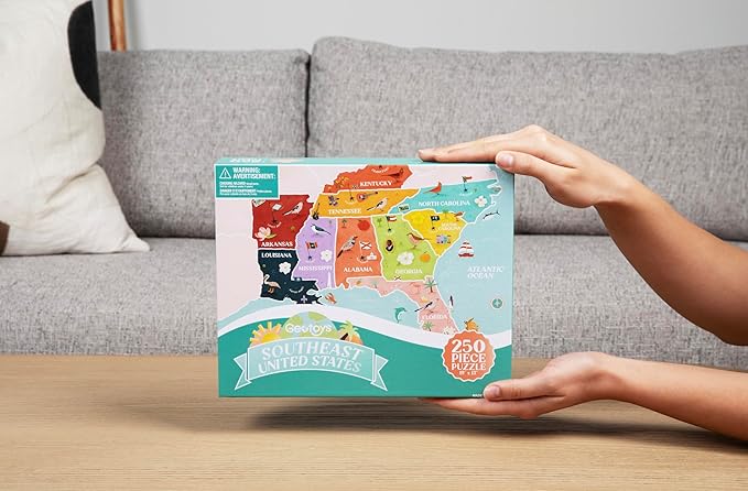 Geotoys Southeast Region Jigsaw Puzzle - 250 Piece Puzzle for Kids - Jigsaw Puzzles for Kids Ages 8-12 Years Old - Geography Puzzles with Colorful Landmarks, United States Flag and More