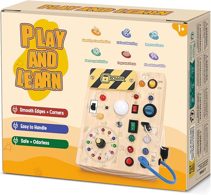 Busy Board, Montessori Toy for 1-3 Years Old, Wooden Toddler Sensory Travel Toy, Ideal Gift for 1+ Year Old Boys (Busy Board Plus V2), Medium, Yellow