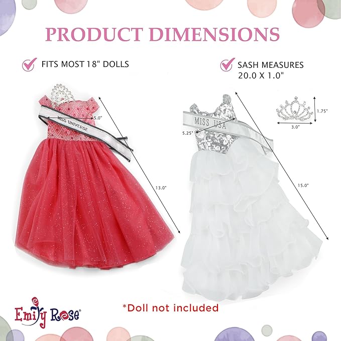 Emily Rose 18-inch Doll Clothes 6-PC Pageant Dress & Accessories Bundle | Includes 2 Dressy Ball Gowns, Sashes & Crowns | Toy Gift Set for 5+ Little Girls Set | USA Business
