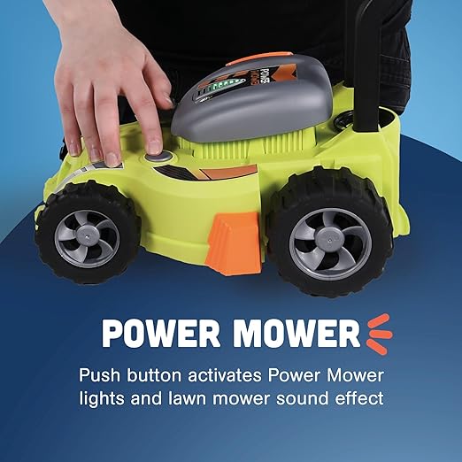 CP Toys 6-Piece Power Gardening Toy Set for Kids Ages 3+, Child Size Indoor/Outdoor Play Kids Tool Set with Leaf Blower, Chainsaw, Lawn Mower, and More, Green