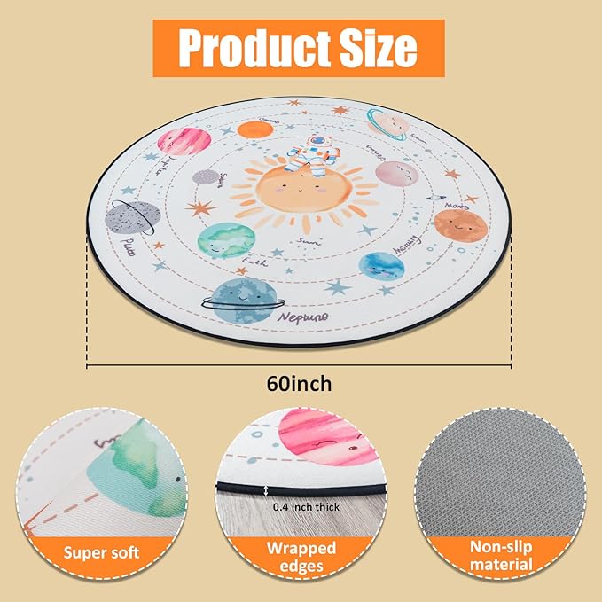 Solar System Planet Theme Carpets for Kids Bedrooms, 5ft Non-Slip Space Round Rugs for Baby,Circle Area Rug for Boys Girls Playroom,Educational Crawling Rug for Classroom