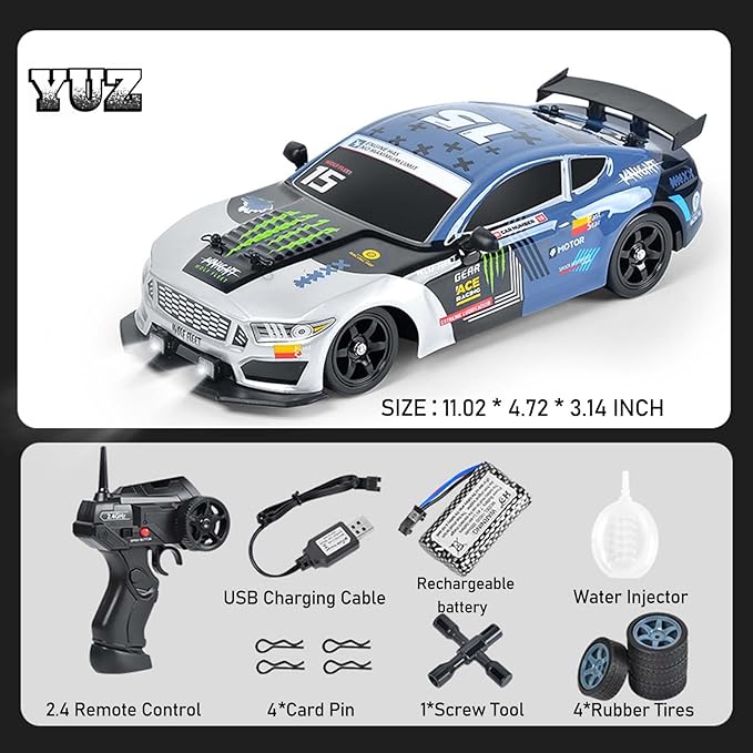 YUZ Remote Control Car RC Drift Car 1:16 Scale 4WD 18KM/H High Speed 2.4GHz 4 Model Vehicle with LED Lights Spray Racing Sport Toy Car for Adults Boys Girls Kids Gift Rechargeable Batteries, Gray