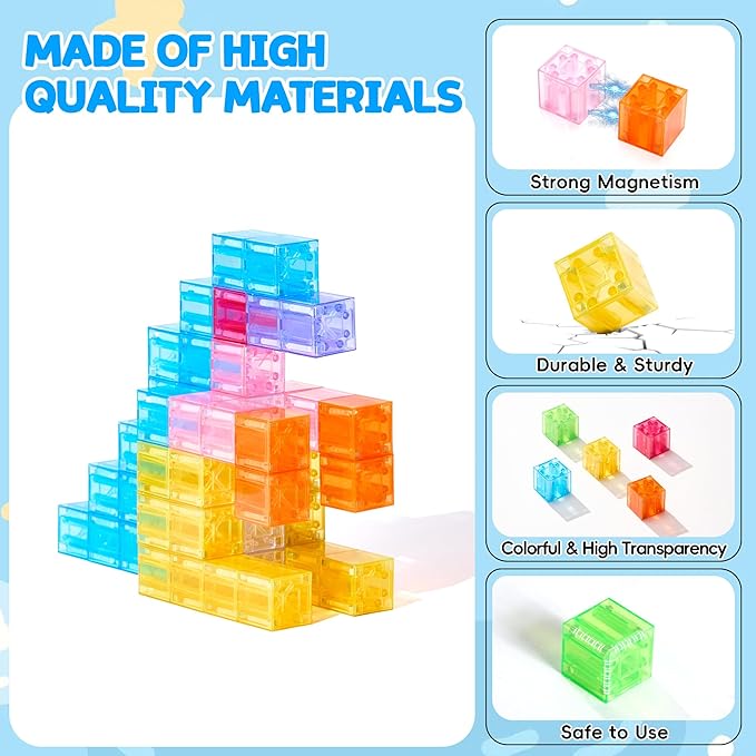 Magnetic Blocks Set, Magnet Building Blocks with Toy Figurine and Storage Bag for Kids Gifts, STEM Educational Preschool Sensory Toys for Toddlers Boys Girls Ages 3-12(Transparent)