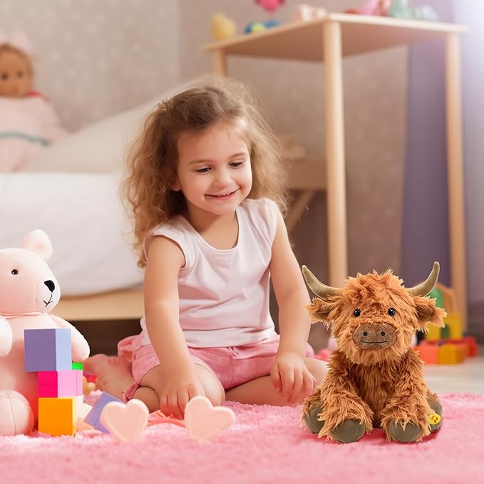 Music Highland Cow Stuffed Animal with Sound, Farm Cow Toy with ''Moo''Sound, Soft Farm Animal Cattle Plushie Doll Festival Presents for Adults Kids Boys Girls (Brown)