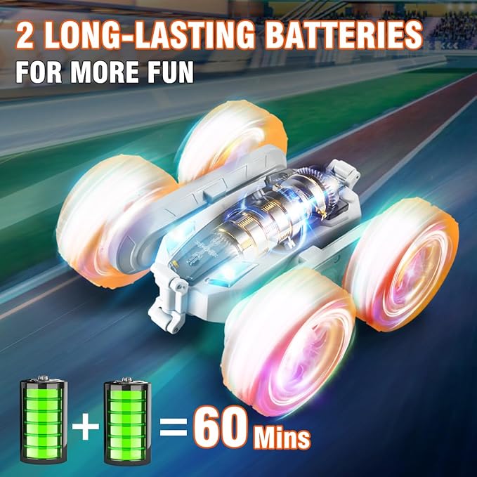 Remote-Control-Car-Stunt-RC-Car, New Upgraded 2.4Ghz 4WD Double-Sided 360° Rotating RC Crawler with Headlights & Wheel Lights, RC Truck Toy Cars Gift for Kids Boys and Girls Aged 6-12