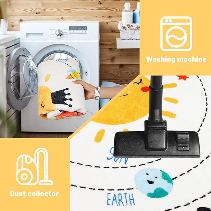 ABC Kids Rug,4 ft Washable Nursery Rug,Soft Plush Educational Circle Rug,Non-Slip Solar System Alphabet Rug for Classroom playroom Bedroom Kids Room Decor