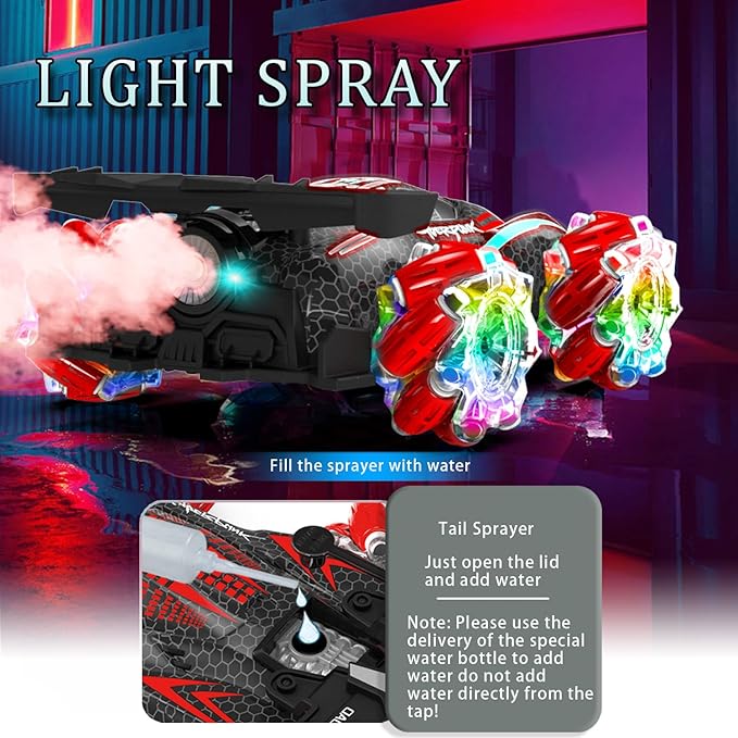 RC Gesture Sensing Stunt Car, with Spray, Light & Music, Best Toy for Boys 6-12 Years Old 360° Rotating 4WD Remote Control Transforming 2.4Ghz Manual Control Car Birthday Present (Red)