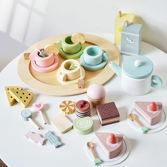 Wooden Tea Party Set for Little Girls, 34 PCS Wooden Tea Set for Toddlers 3-5, Pretend Play Kids Wood Tea Set Toy, Play Kitchen Accessories with Play Food, Improve Imagination
