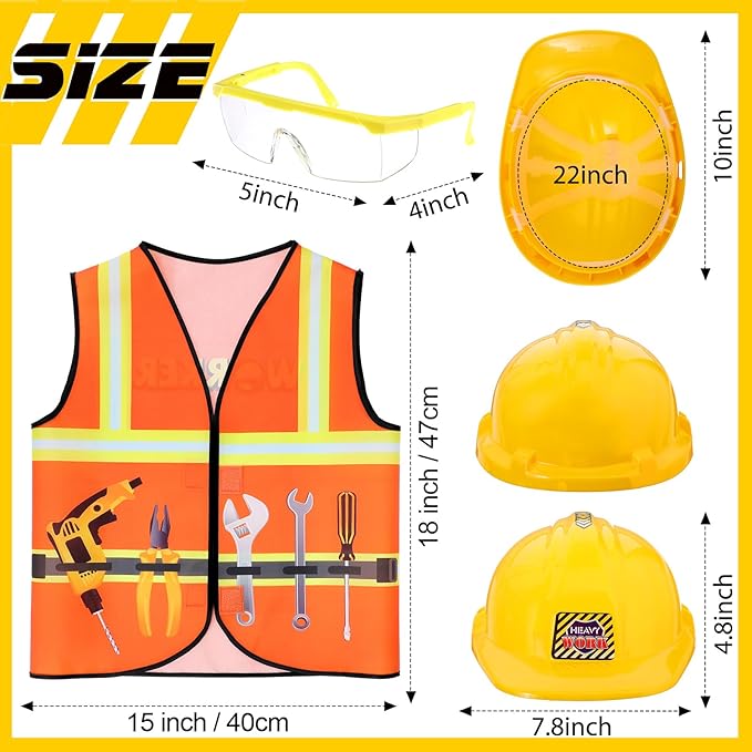 Handepo Construction Worker Costume Kids Hard Hat Construction Vest Goggles Toddler Dress Up Set Birthday Party Girls Boys(Yellow)