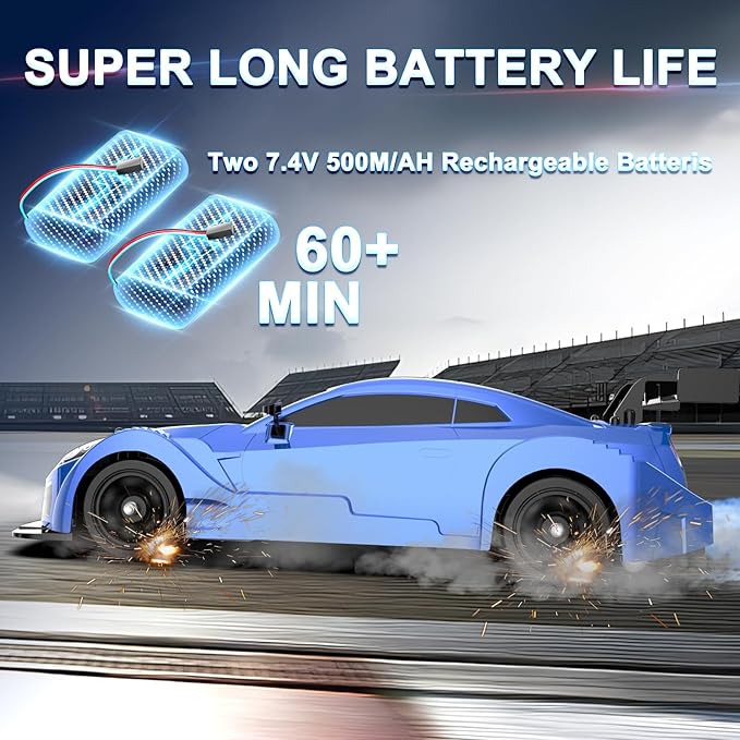 Remote Control Car RC Drift Car 1:16 Scale 4WD 18KM/H High Speed Model Vehicle 2.4GHz with LED Lights Spray Rubber Tire Racing Sport Toy for Adults Boys Girls Kids Gift 2Pcs Rechargeable Batteries