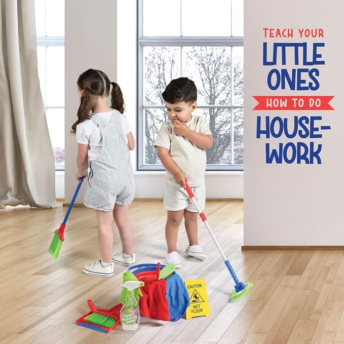 Play22 Kids Cleaning Set 12 Piece - Toy Cleaning Set Includes Broom, Mop, Brush, Dust Pan, Duster, Sponge, Clothes, Spray, Bucket, Caution Sign, - Toy Kitchen Toddler Cleaning Set - Original