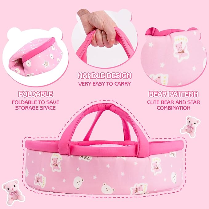 Aori 10 Pcs Reborn Baby Dolls Clothes Set with Pink Bassinet for 16-18 Inch Baby Doll, Carrier Bed and Baby Doll Clothes Outfit Accessories fit Newborn Baby Girl