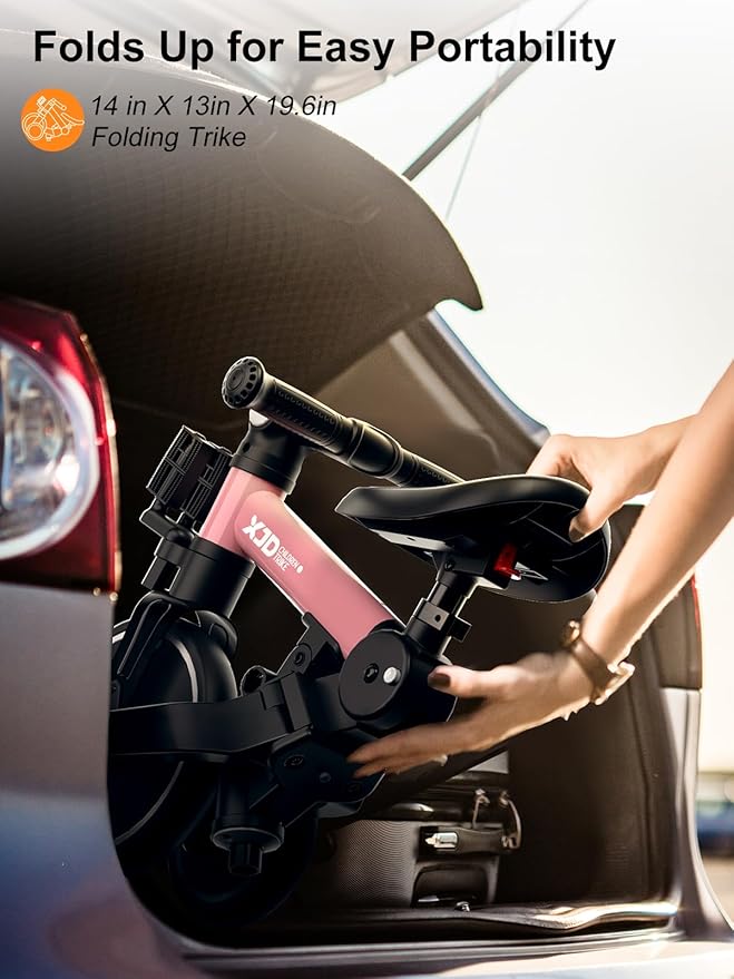 XJD Toddler Bike, 6 in 1 Folding Toddler Tricycle for 1-4 Year Old with Push Handle, Balance Bike with Removable Pedal,Backrest, Adjustable Seat Height and Handle, First Birthday Gifts (Pink)