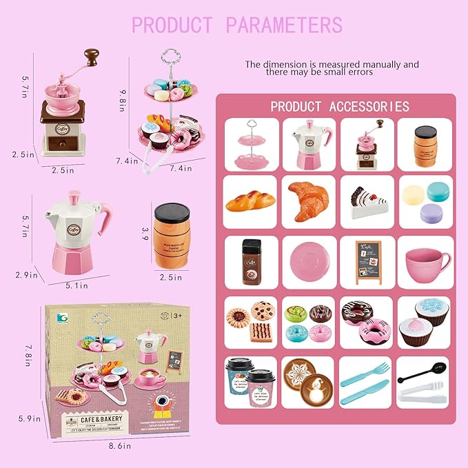 Pretend Tea Party Set for Little Girls, 41 PCS Coffee Maker Set and Play Food Dessert Set for Kids Age 3 4 5 6 7 8 9（Pink）