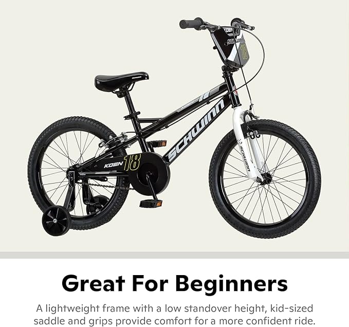 Schwinn Koen BMX Style Toddler and Kids Bike, For Girls and Boys, 18-Inch Wheels, With Training Wheels, Chain Guard, and Number Plate, Recommended Height 42-52 Inch, Black