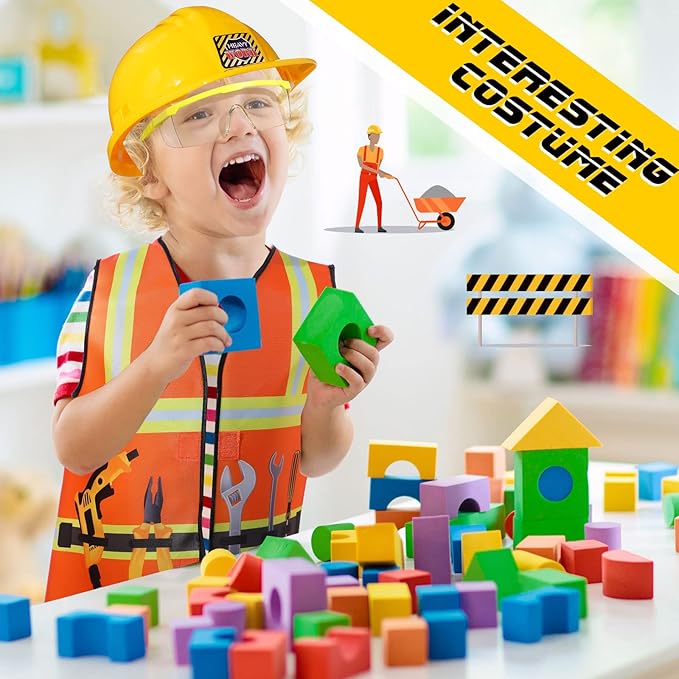 Handepo Construction Worker Costume Kids Hard Hat Construction Vest Goggles Toddler Dress Up Set Birthday Party Girls Boys(Yellow)