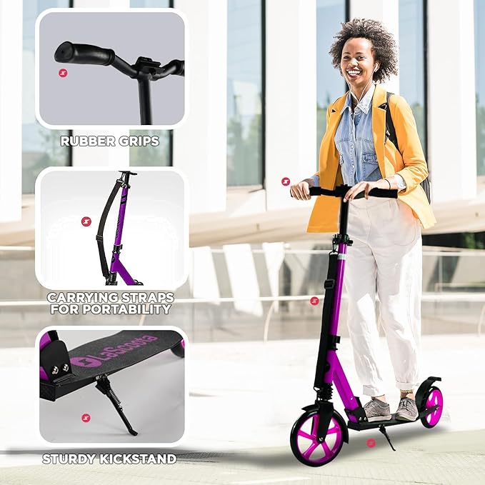 LaScoota Kick Scooter for Kids Ages 6+, Teens & Adults, Large 8" Sturdy Urethane Wheels. Adjustable Handlebar, Lightweight, Foldable, 220lbs Max Load