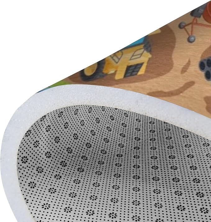 Kids Rug, Construction Site Playmat Rugs - 5x7 Ft Kids Carpet with Rubber Backing, Construction Vehicles Play Mat Nursery Rugs for Children Bedroom Playroom