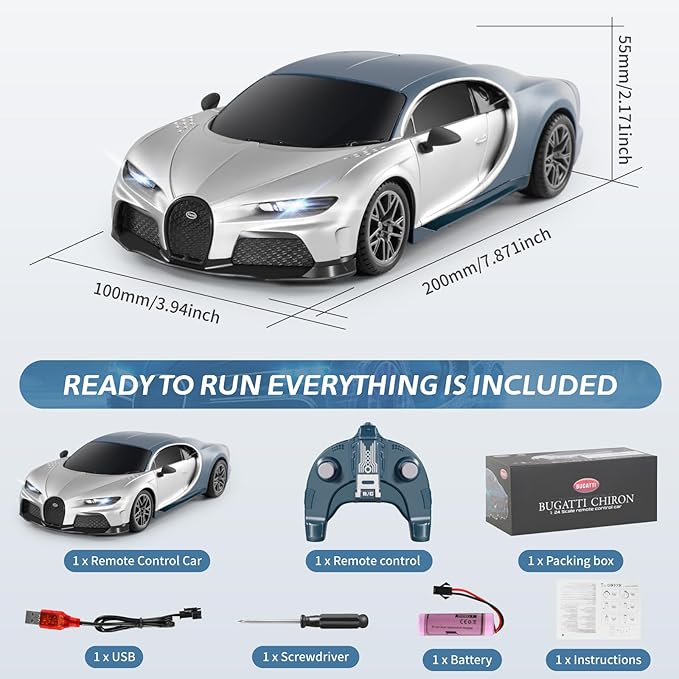 MIEBELY Remote Control Car - 1/24 Scale Fast Rc Race Car, Bugatti Chiron 3.7V 500 mAh Car Toys with Headlight, Racing Hobby Car Model Birthday Ideal Gifts for Adults Kids Boys Age 6 7 8 9 10 Year Old