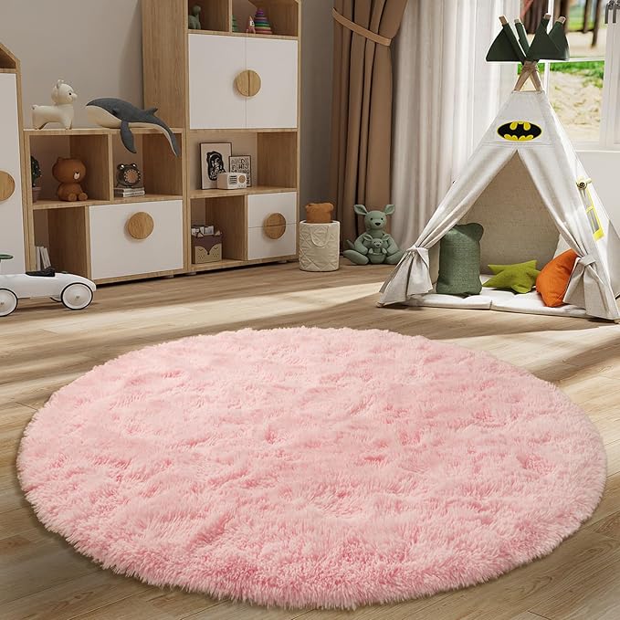 LOCHAS Luxury Round Fluffy Area Rugs for Bedroom Kids Girls Room Nursery, Super Soft Circle Rug, Cute Shaggy Carpet for Children Living Room, 5x5 Feet Pink