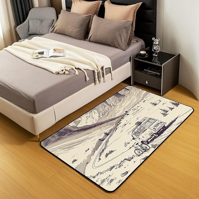 Erosebridal Hand Drawn Mountain Area Rug 3x5 Cartoon RV Car Rug for Children Teens Retro Camper Bicycle Carpet Family Camping Travelling Bedroom Non Shedding Decorative Rug