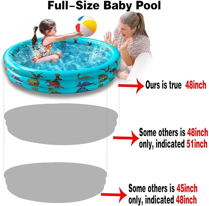 Dinosaur Inflatable Baby Pool - Small Toddler Blow Up 3 Rings Round Pad Pool, Outdoor/Indoor Play Center with Ball Pit & Toys - 48'x12'