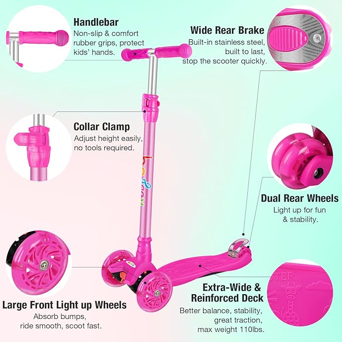 BELEEV A2 Scooters for Kids 3 Wheel Kick Scooter for Toddlers Girls Boys, 4 Adjustable Height, Lean to Steer, Light up Wheels, Extra-Wide Board, Easy to Assemble for Children Gift Sport Toys Ages 3-12