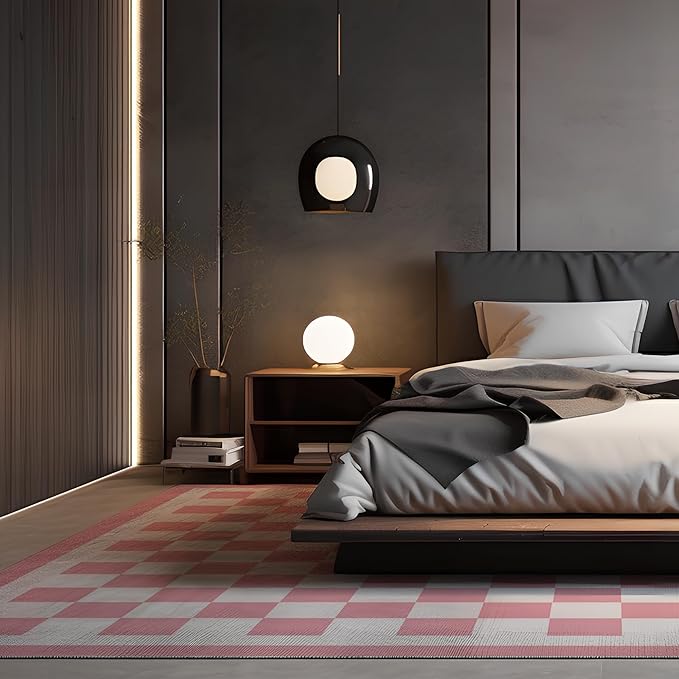 Washable 4x6 Checkered Area Rug for Living Room, Pink Checkerboard Modern Boho Large Rugs, Ultra Thin Low Pile Lightweight Soft Indoor Carpet with Non-Slip Backing for Bedroom Kids Nursery Play Room