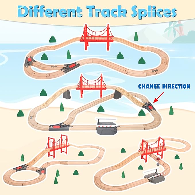 Wdmiya Wooden Train Set for Toddlers, 57 Pcs Wooden Train Track for Kids, Train Toy with Bridge and Tracks (Fits Thomas & Brio), Birthday Trains Gift for 2 3 4 5 6 7 8 Years Old (Harbor)