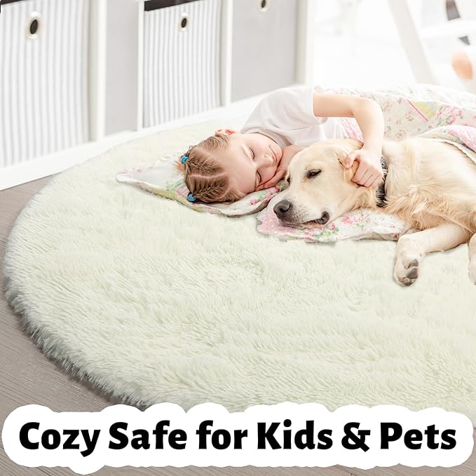 Amdrebio Ivory White Round Rug 4Ft for Kids Bedroom Aesthetic, Washable Fluffy Fuzzy Circle Area Rugs for Living Room, Circular Plush Soft Shaggy Cream Carpet for Baby Nursery Dorm Teen Girls Boys