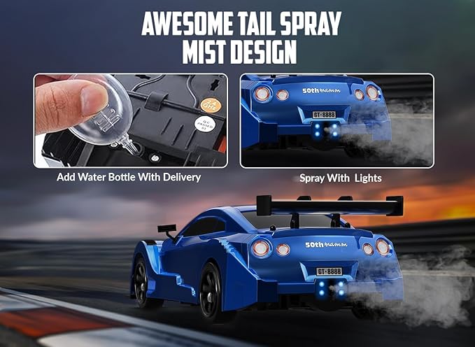 RACENT 1:16 RC Drift Car, 2.4Ghz 4WD 18KM/H Remote Control Car with Spray Mist, Racing and Drifting Wheels, LED Light, 2 Batteries, Sport Model Toys Vehicle for Kids, Boys, Adults