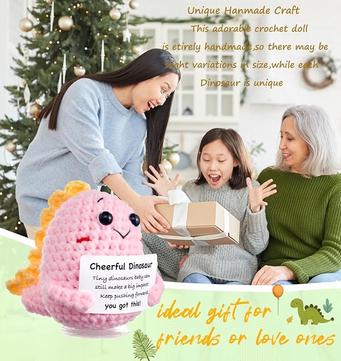 Funny Easter Basket Stuffers Positive Crochet Animals Dinosaur, Stress Relief Gifts for College Student Graduation Boyfriend Husband Women Birthday Desk Decor(Pink Dinosaur)